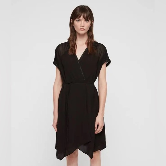 All Saints Black Claria Studded Short Sleeves Faux Wrap Asymmetrical Dress - Picture 1 of 3